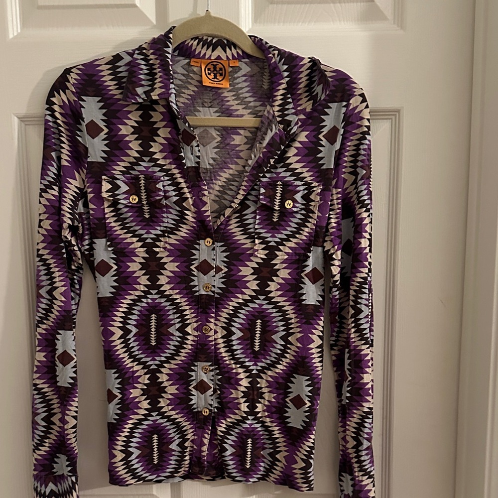 Tory Burch Purple Geometric Button-Up Shirt with pockets